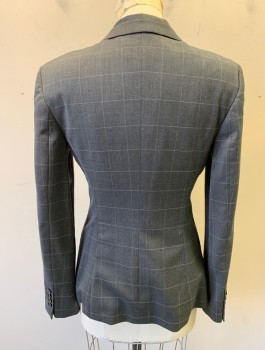 Womens, Suit, Jacket, HUGO BOSS, Gray, White, Wool, Polyamide, Grid , Sz.4, Single Breasted, Notched Lapel, 1 Button, 2 Welt Pockets, Lightly Padded Shoulders, Gray Lining, Fitted