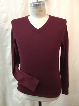 Mens, Pullover Sweater, BANANA REPUBLIC, Wine Red, Cotton, Silk, Solid, S, V-neck, Long Sleeves