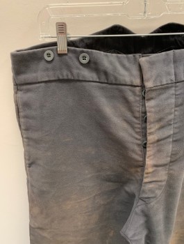 Mens, Historical Fiction Pants, DARCY, Gray, Cotton, Solid, OPEN, 36, F.F, Button Front, 2 Pockets, Suspender Buttons, Back Half Belt, Aged/ Distressed