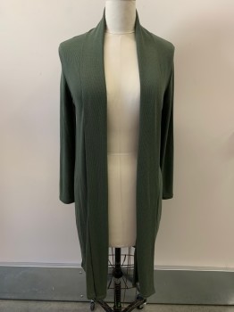 HALSTON, Olive Green, Viscose, Polyester, Solid, Shawl Lapel, Open Front, Long