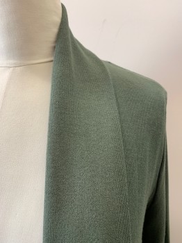 HALSTON, Olive Green, Viscose, Polyester, Solid, Shawl Lapel, Open Front, Long