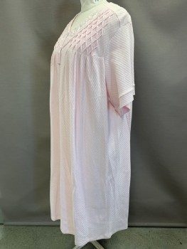 Womens, Nightgown, COLLETTE, Pink, Lt Green, Cotton, Polyester, Solid, B56, S/S, V Neck, Zip Front, Embroiderred Flowers, Textured Fabric