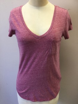 Womens, Top, PAIGE, Raspberry Pink, Polyester, Cotton, Heathered, XS, Faded Heather Raspberry, Scoop V-neck, 1 Pocket, Cap Sleeves