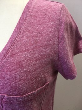 Womens, Top, PAIGE, Raspberry Pink, Polyester, Cotton, Heathered, XS, Faded Heather Raspberry, Scoop V-neck, 1 Pocket, Cap Sleeves