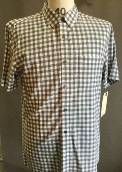 TOP MAN, White, Gray, Cotton, Check , Button Front, Collar Attached, Short Sleeve,  1 Pocket,