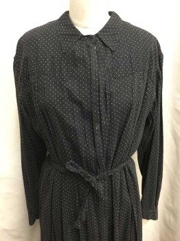 NO LABEL, Black, White, Cotton, Polka Dots, Long Sleeves, Collar Attached, Button Front Underlayer, Clasp and Button At Neck, Hem Below Knee, Attached Self Belt,