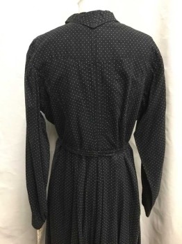 NO LABEL, Black, White, Cotton, Polka Dots, Long Sleeves, Collar Attached, Button Front Underlayer, Clasp and Button At Neck, Hem Below Knee, Attached Self Belt,