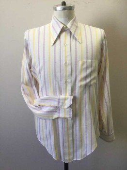 VAN HEUSEN, White, Yellow, Purple, Poly/Cotton, Stripes, Woven Stripe Pattern. Long Sleeves, Collar Attached, Button Front, 1 Pocket,
