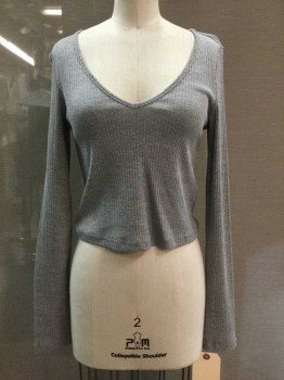 TOPSHOP, Heather Gray, Cotton, Polyester, V-neck, Long Sleeves, Cropped, Ribbed