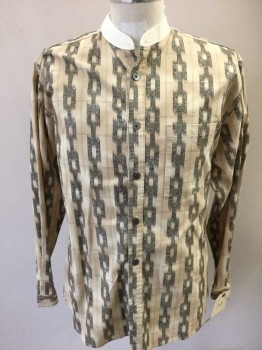 WAH MAKER, Tan Brown, Charcoal Gray, Ivory White, Cotton, Novelty Pattern, Ikat Chain-Link Print In Vertical Stripes, Long Sleeves, Button Front, 1 Pocket, Ivory Band Collar,  Old West, Western,