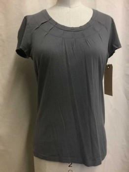Womens, Top, BANANA REPUBLIC, Gray, Cotton, Solid, M, Gray, Pleated Round Neck,  Short Sleeves,