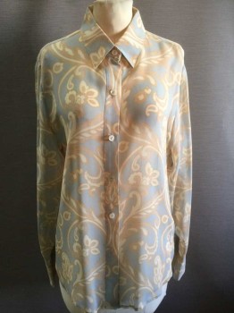 Womens, Blouse, ELLEN TRACY, Lt Blue, Cream, Mustard Yellow, Silk, Floral, Paisley/Swirls, M, Sheer, Long Sleeves, Collar Attached, Button Front,