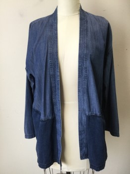 Womens, Casual Jacket, EILEEN FISHER, Denim Blue, Tencel, Cotton, Solid, L, Long Sleeves, Open Front, 2 Pockets, Color Blocked Blue Denim
