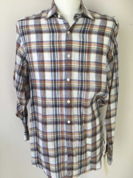 SAKS FIFTH AVENUE, White, Periwinkle Blue, Orange, Green, Black, Linen, Plaid, Button Front, Long Sleeves, Collar Attached
