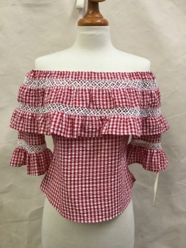 I JOAH, Red, White, Cotton, Gingham, Seersucker, Western, Elastic Neck for Off or on Shoulder, Ruffle, Farmers Daughter, Country Girl, Short Ruffle Cuff Sleeves, Fishnet Lace Inserts Horizontal Bands