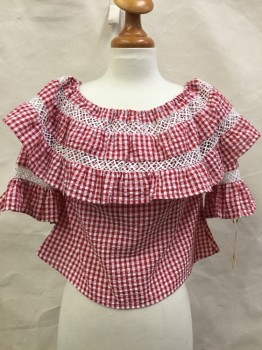 I JOAH, Red, White, Cotton, Gingham, Seersucker, Western, Elastic Neck for Off or on Shoulder, Ruffle, Farmers Daughter, Country Girl, Short Ruffle Cuff Sleeves, Fishnet Lace Inserts Horizontal Bands