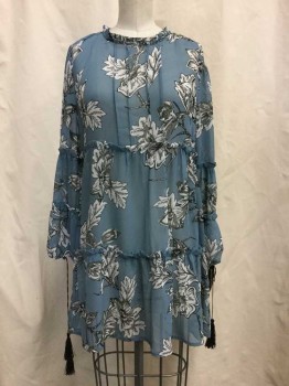 Womens, Top, FIFTH AVE, Slate Blue, White, Black, Gray, Synthetic, Floral, L, Sheer Slate Blue with White/ Black/ Gray Floral Print, Ruffle Detail, Accordion Pleated Crew Neck, Pleated Bust, Long Sleeves with Black Fringe Drawstring Cuffs