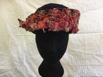 N/L, Purple, Dusty Red, Yellow, Rayon, Solid, Floral, Panne Velvet, Round Crown with Wired Folded Up Brim Shortenned and Shaped in the Back, Panne Flowers Appliquéd on Brim,
