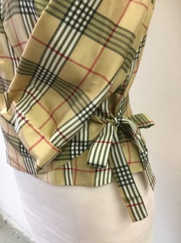 ALLISON TAYLOR, Khaki Brown, White, Red, Black, Gray, Silk, Plaid-  Windowpane, Plaid, Overlap V-neck with Collar Attached, 1 Hidden Button, with Self Tie @ Left Waist, 3/4 Sleeves with Cuffs,