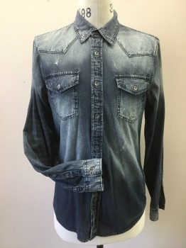 Mens, Casual Shirt, GUESS, Indigo Blue, Cotton, Ombre, M, Stonewashed Light Weight Denim, Long Sleeves, Collar Attached, Button Front, 2 Button Down Pockets Yoke Front and Back. Thread Bare Detailing