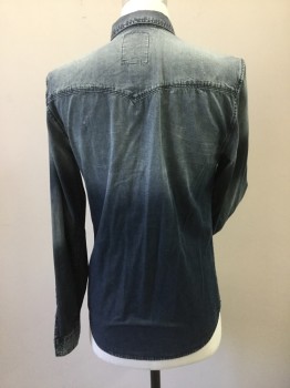 GUESS, Indigo Blue, Cotton, Ombre, Stonewashed Light Weight Denim, Long Sleeves, Collar Attached, Button Front, 2 Button Down Pockets Yoke Front and Back. Thread Bare Detailing