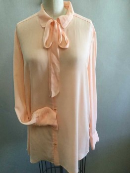 BANANA REPUBLIC, Lt Pink, Polyester, Solid, Sheer/Lightweight Crepe, Long Sleeve Button Front, Collar Attached, Self Ties/"Pussy Bow" at Neck, Gold Metal Buttons, Scalloped Edge on Collar, Pleated Cuffs