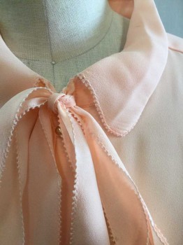 BANANA REPUBLIC, Lt Pink, Polyester, Solid, Sheer/Lightweight Crepe, Long Sleeve Button Front, Collar Attached, Self Ties/"Pussy Bow" at Neck, Gold Metal Buttons, Scalloped Edge on Collar, Pleated Cuffs