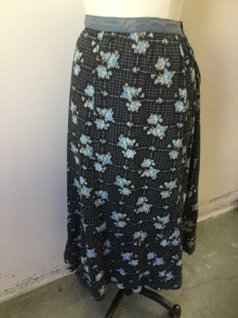 N/L, Black, Lt Blue, Lt Gray, Cotton, Floral, Grid , with Light Blue Grid Pattern in Background, Solid Light Blue 1" Wide Waistband, Ankle Length Hem,  **Has a Few Mends,