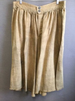 Tan Brown, Cotton, Solid, Aged/Distressed,  Culotte, 2 Buttons Close Center Front, Tie Back Waist, Mid Calf Length, Raw Edge Hem