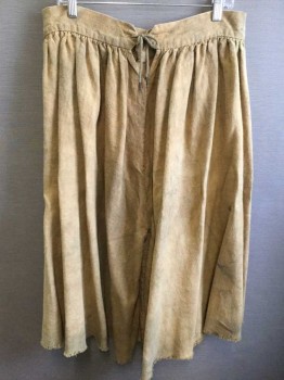 Tan Brown, Cotton, Solid, Aged/Distressed,  Culotte, 2 Buttons Close Center Front, Tie Back Waist, Mid Calf Length, Raw Edge Hem