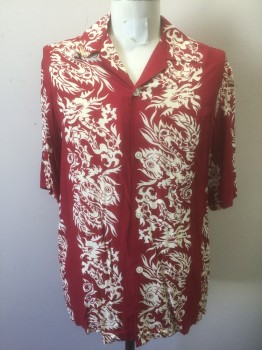 HULA WEAR, Dk Red, Cream, Rayon, Asian Inspired Theme, Vertical Columns of Chinese Dragons Pattern, Short Sleeve Button Front, Collar Attached, Oversized Fit, 1 Patch Pocket