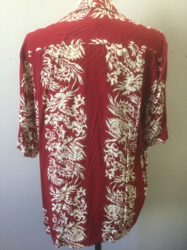HULA WEAR, Dk Red, Cream, Rayon, Asian Inspired Theme, Vertical Columns of Chinese Dragons Pattern, Short Sleeve Button Front, Collar Attached, Oversized Fit, 1 Patch Pocket