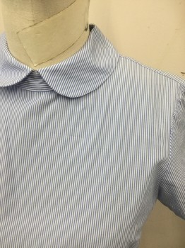 BROOKS BROTHERS, Blue, White, Cotton, Stripes - Vertical , Pullover Woven, Short Sleeves, Peter Pan Collar, Keyhole Button Back Neck