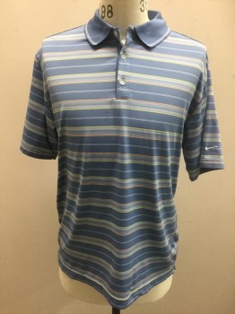 NIKE GOLF, Periwinkle Blue, White, Yellow, Orange, Polyester, Stripes - Horizontal , Periwinkle with White Stripes, Thin Yellow and Orange Stripes, Short Sleeves, Solid Periwinkle Collar Attached with Thin White Stripes at Edges, 3 Button Front
