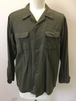 PENDLETON, Olive Green, Brown, Wool, Speckled, Olive with Brown Speckled Weave, Long Sleeve Button Front, Collar Attached, 2 Flap Pockets