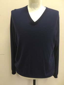 Mens, Pullover Sweater, RALPH LAUREN, Navy Blue, Cashmere, Solid, M, Ribbed Knit V-neck/Waistband/Cuff