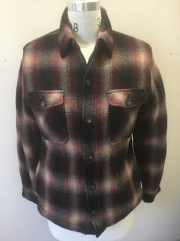 Mens, Casual Jacket, WOOLRICH, Red Burgundy, Black, Beige, Wool, Nylon, Plaid, M, Burgundy/Black/Beige Shadowplaid Wool Flannel, Shirt Jacket, Long Sleeve Button Front, Collar Attached, 2 Patch Pockets with Button Closures, Beige Fleece Lining