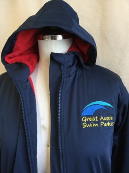 Childrens, Coat, GREAT AUSSIE SWIM PA, Navy Blue, Red, Polyester, Cotton, Solid, B 38, 14, Swim Parka, Dive Coat, Zip Front, L/S, 2 Zip Pockets, Elastic Cuff, Hood, Red Terry Cloth Lining, Below Knee