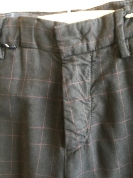 Mens, Casual Pants, MASON'S, Charcoal Gray, Brown, Cotton, Plaid-  Windowpane, 34/36, 1.5" Waistband with Belt Hoops, Flat Front, Zip Front, 4 Pockets