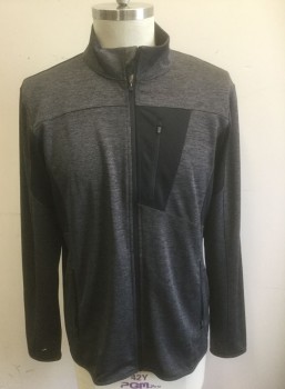 Mens, Sweatsuit Jacket, ID IDEOLOGY, Dk Gray, Black, Polyester, Spandex, Heathered, XL, Gray with Black Streaks, Stretch Material, Zip Front, Small Panels of Solid Black Throughout, Stand Collar, 3 Zip Pockets