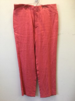 Mens, Slacks, POLO, Salmon Pink, Linen, Solid, Ins:31, W:32, Flat Front, Zip Fly, 4 Pockets, Straight Leg