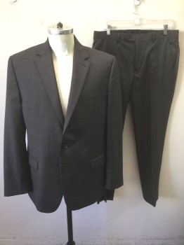 RALPH LAUREN, Dk Gray, Dk Blue, Wool, Polyester, Plaid, Dark Gray Background with Faint Dark Blue Plaid, Single Breasted, Notched Lapel, 2 Buttons, 3 Pockets, Brown Satin Lining with Self Medallion Pattern