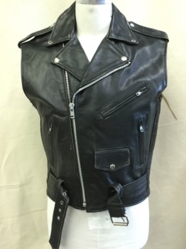 Mens, Leather Vest, XELEMENT , Black, Leather, Polyester, Solid, 44, (4 of Them:  44, 46, 48-50, 52) (aged/distressed) Black Leather, Black Quilt Lining, Motorcycle Style, Collar Attached with Silver Snap, Epaulettes, Off Side Zip Front, 4 Pockets, Belt Front Bottom with Metal Buckle, Orange/yellow/green Dog Face Design with " the VICIOUS CYCLES, NEW YORK" in the Back
