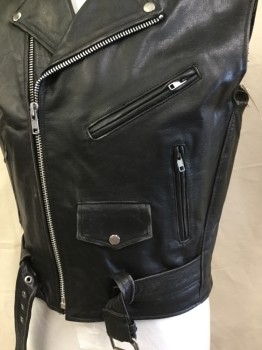 Mens, Leather Vest, XELEMENT , Black, Leather, Polyester, Solid, 44, (4 of Them:  44, 46, 48-50, 52) (aged/distressed) Black Leather, Black Quilt Lining, Motorcycle Style, Collar Attached with Silver Snap, Epaulettes, Off Side Zip Front, 4 Pockets, Belt Front Bottom with Metal Buckle, Orange/yellow/green Dog Face Design with " the VICIOUS CYCLES, NEW YORK" in the Back