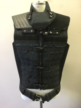 Unisex, Vest, Swat, N/L, Black, Synthetic, Solid, S, Tactical Body Armor Vest, Zip Front, 4 Plastic Buckles at Front, Attached Belt at Waist, Many Compartments for Ammo, Detachable Triangular Panel at Neck **Has Multiples **Missing Neck Panel