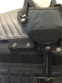 Unisex, Vest, Swat, N/L, Black, Synthetic, Solid, S, Tactical Body Armor Vest, Zip Front, 4 Plastic Buckles at Front, Attached Belt at Waist, Many Compartments for Ammo, Detachable Triangular Panel at Neck **Has Multiples **Missing Neck Panel