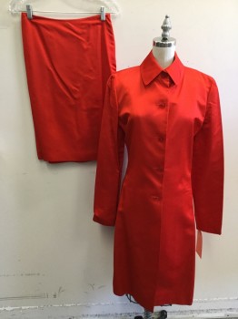 LINDA A ELLEN TRACY, Red, Rayon, Silk, Solid, 5 Button Front, Collar Attached, Full Length Coat