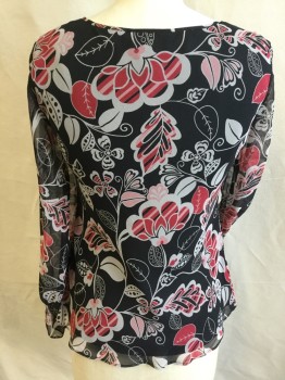 LOFT, Black, Ecru, Red, Pink, Polyester, Floral, Sheer Thin Seam Round Neck with Key Hole Front & Self Bow Tie, Black Lining, Long Sleeves with Smocking Ruffle Hem