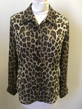 A. BUYER, Brown, Tan Brown, Black, Cream, Rayon, Animal Print, Leopard Print, Button Front, Collar Attached, Long Sleeves, Cuff