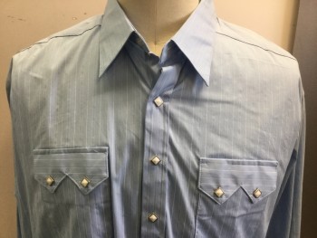 Mens, Western, ROCKMOUNT, Lt Blue, White, Cotton, Stripes - Pin, XL, Collar Attached, Long Sleeves, White Pearl Square Snap Front, Pocket Flaps